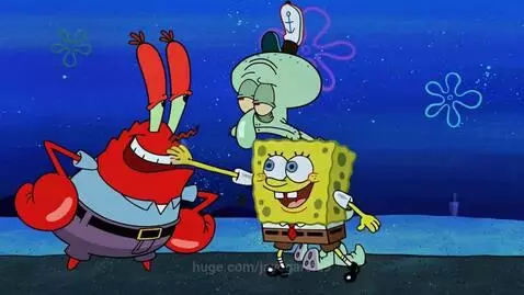 Spongebob smiling and slapping Mr. Krabs, who has a surprised expression. Squidward stands nearby.