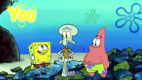 Spongebob, Squidward, and Patrick standing on a rocky underwater landscape.