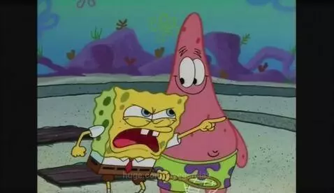 Spongebob and Patrick arguing intensely, surrounded by jellyfish.