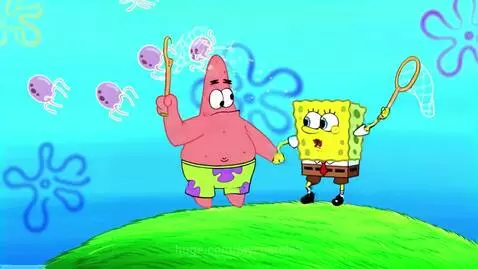 Spongebob holding a gun, pointing it at Patrick who is falling to the ground.
