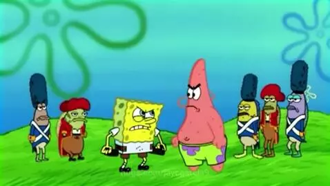 SpongeBob points a gun at an angry Patrick, with cartoon characters in military uniforms in the background.