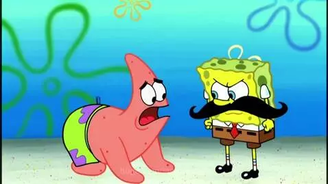Spongebob Squarepants wearing a mustache and tie, holding a pistol and pointing it at Patrick Star, who has a stomach wound.