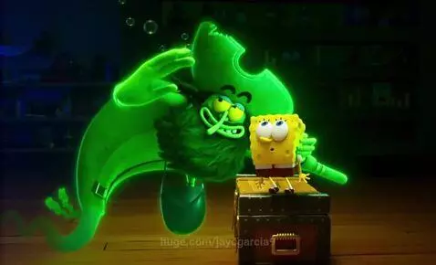Spongebob sitting on a treasure chest as a glowing green ghost pirate with a hat puts his head in its mouth.