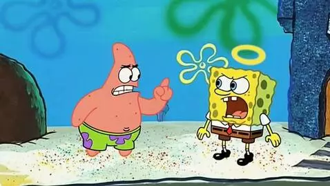 Spongebob and Patrick SquarePants looking angry underwater, with Spongebob kicking a sock.