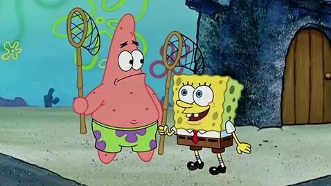 Spongebob and Patrick smiling with jellyfish nets, ready to catch jellyfish.