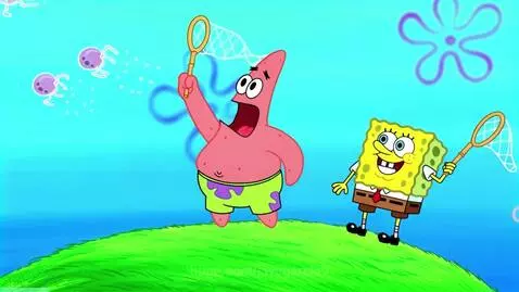 SpongeBob and Patrick jellyfishing, SpongeBob looks serious as he tells Patrick he's grounded.