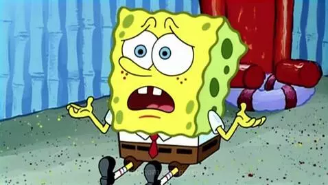 Spongebob Squarepants with a worried expression, shrugging his shoulders, wearing a white shirt and red tie.