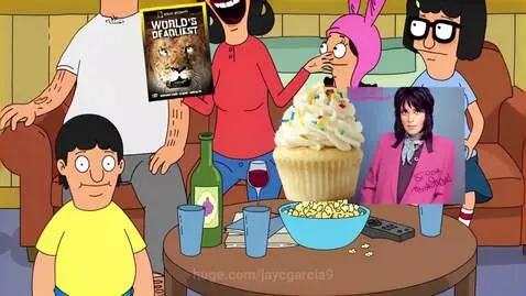 Bob's Burgers family in living room with cupcake, popcorn, wine, and Joan Jett CD.