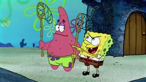 Spongebob Squarepants angrily points at Patrick Star, who looks confused, before a chaotic cartoon fight scene.