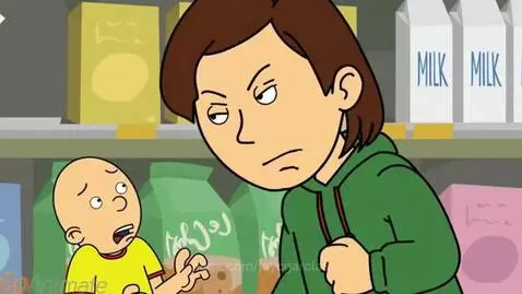 Animated adult in green hoodie yelling at Caillou in yellow shirt, followed by a cartoon fight.