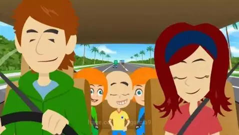 Animated family with two parents and three children at a wildlife park, looking at monkeys from a walkway.