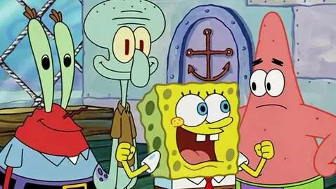 Spongebob and Patrick in a funny, animated altercation, with Squidward looking distressed.