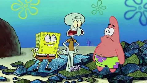 Spongebob and Squidward watch an angry Patrick in an underwater scene from Spongebob Squarepants.