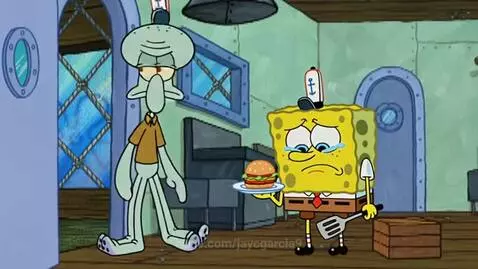 Spongebob crying and holding a Krabby Patty, with Squidward walking away sadly.