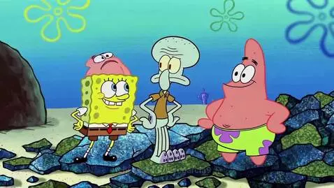 Spongebob, Squidward, and Patrick stand on a seabed. Spongebob smiles, Squidward looks annoyed, Patrick is surprised.