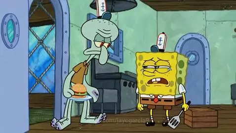 Spongebob crying with a spatula, looking at Squidward holding a Krabby Patty in the Krusty Krab kitchen.