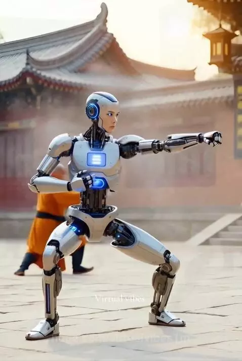 Humanoid AI robot performing Kung Fu poses and kicks with Shaolin monks in a traditional courtyard.