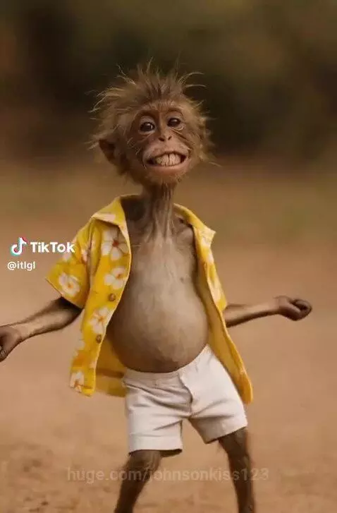 A young CGI monkey with messy brown fur, wearing a yellow floral Hawaiian shirt and white shorts, dancing joyfully outdoors.