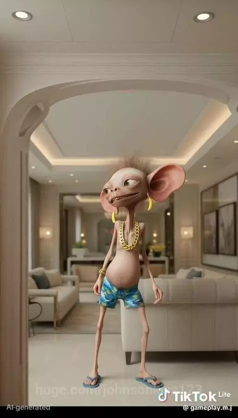 Thin, alien-like character with large ears and spiky hair dancing energetically in a modern living room.