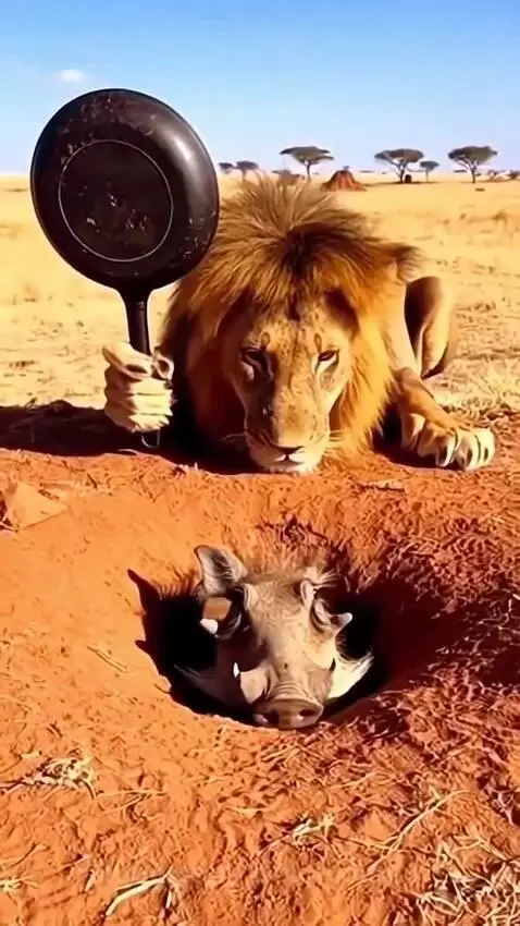 Lion lying on savanna ground with a frying pan, startled by a warthog emerging from a hole.