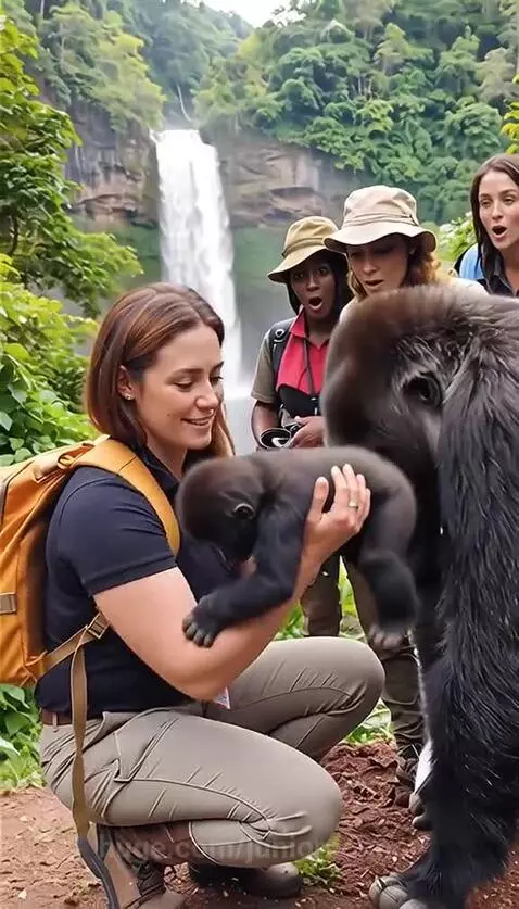Woman crouching, smiling, holding a baby gorilla while an adult gorilla watches, with a large waterfall in the background.