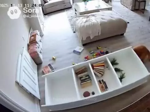 Golden retriever nudging a baby away from a falling bookshelf.