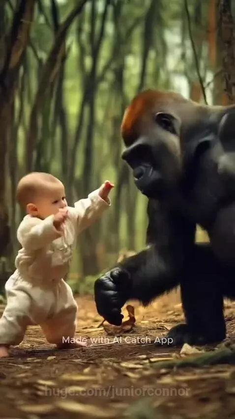 Baby in a martial arts gi playfully punching and kicking an animated gorilla in a forest setting.