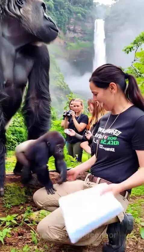 Woman in black t-shirt kneeling, feeding blueberries to a baby gorilla on her lap. Adult gorilla nearby, waterfall in background.