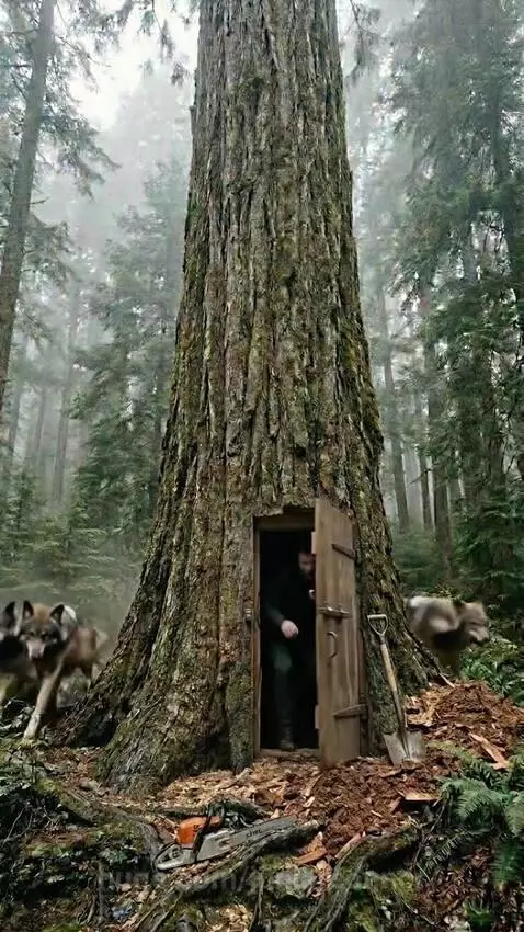Man enters a hidden wooden door at the base of a large tree in a misty forest as wolves gather outside.