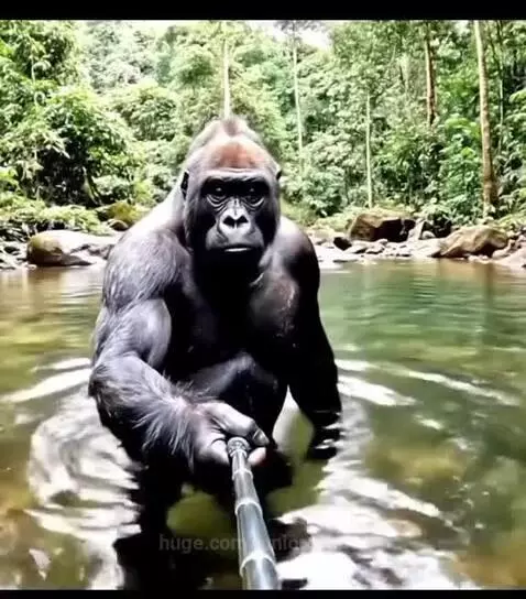 A gorilla holding a selfie stick by a river, then by a campfire with a cooked fish.