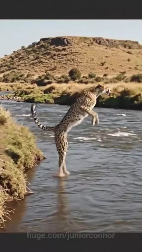 A cheetah in mid-air, leaping across a river with a dry, grassy landscape in the background.