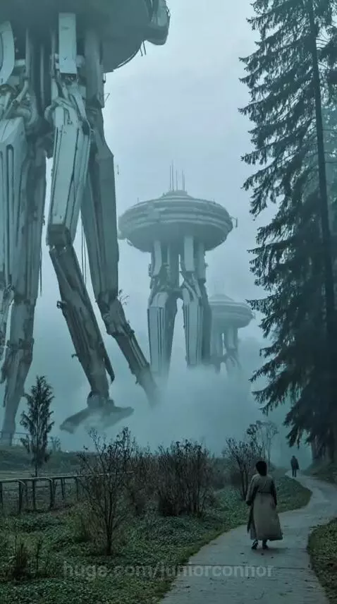 Giant mechanical insect-like creatures in desert, forest, and beach landscapes.