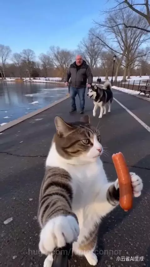 Cat holding a selfie stick with a hot dog, looking at the camera with a mischievous expression.