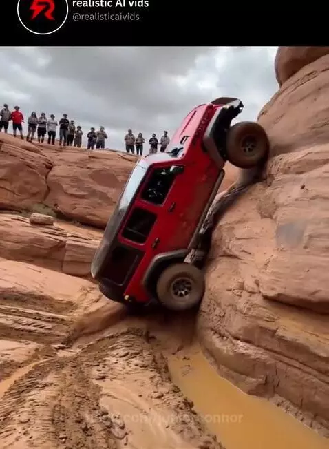 Red Jeep Wrangler tilted precariously descending a steep, rocky, and muddy off-road trail.