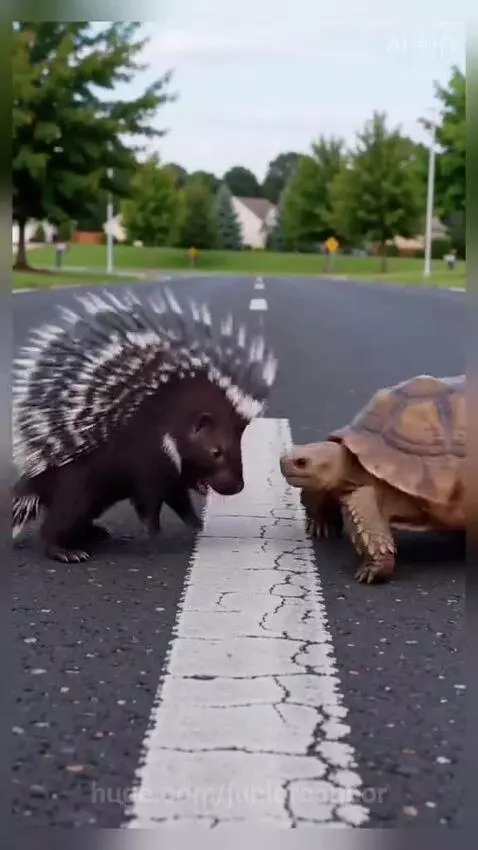 A porcupine spins aggressively towards a tortoise, later shown bald and defeated next to the unharmed tortoise.