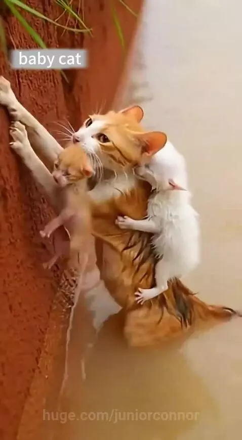 Mother cat struggling to climb out of a muddy ditch with two kittens clinging to her.