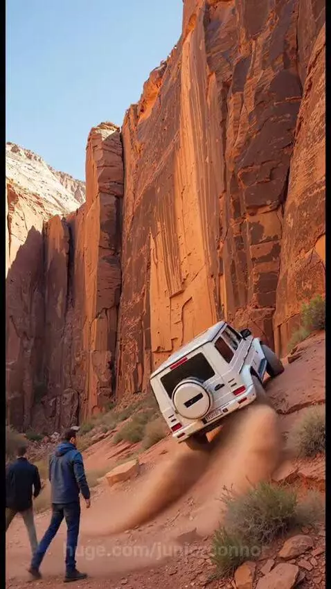 White Mercedes G-Wagen sliding and tumbling down a steep, dusty, rocky incline between red rock formations.