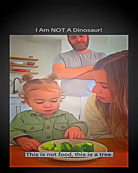Young child with pigtails looking at broccoli on a plate, refusing to eat it.