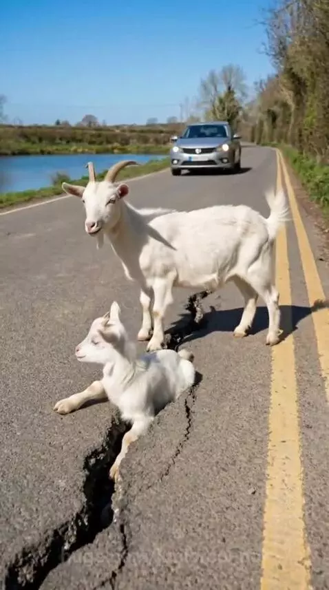 A small white goat stuck in a large crack on an asphalt road, with a larger goat standing nearby.