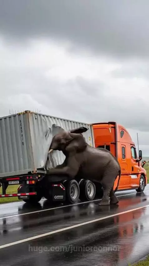 An elephant standing next to a semi-truck on a wet road, with smoke rising in the background.