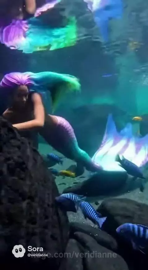 Mermaid with multi-colored hair and iridescent tail swimming underwater with colorful mbuna fish in an aquarium.