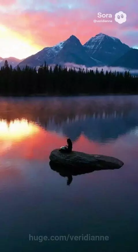 Woman playing a handpan drum by a river with autumn trees and mountains.