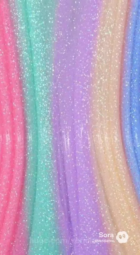 Close-up of pastel rainbow glitter slime with vertical stripes of pink, mint green, lavender, yellow, and blue, shimmering.