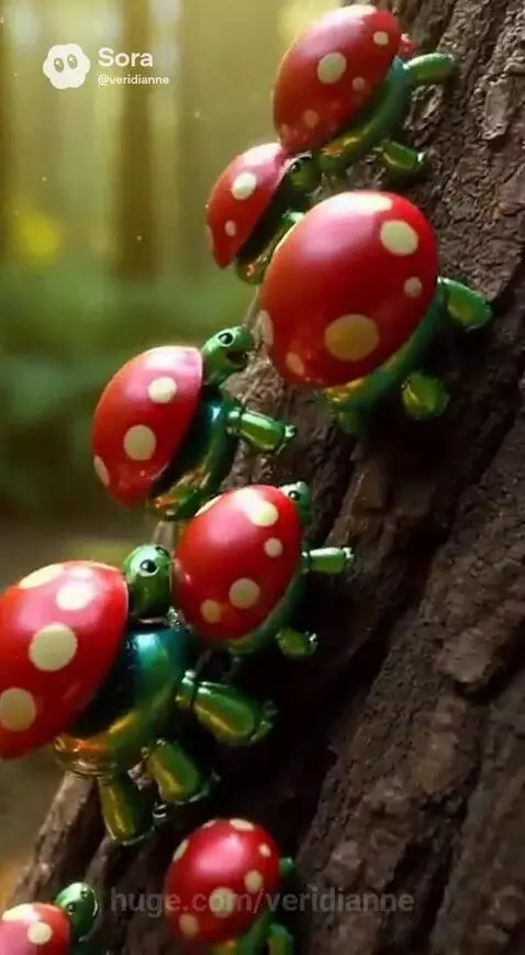Small metallic green tortoises with red and white spotted mushroom shells climbing a textured tree trunk.