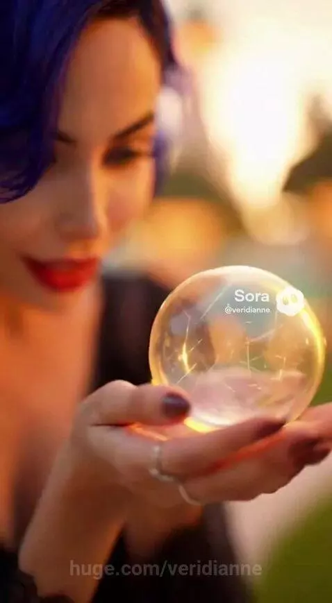 Woman with blue hair in a fantasy world with mushroom houses, a castle, and a cat.