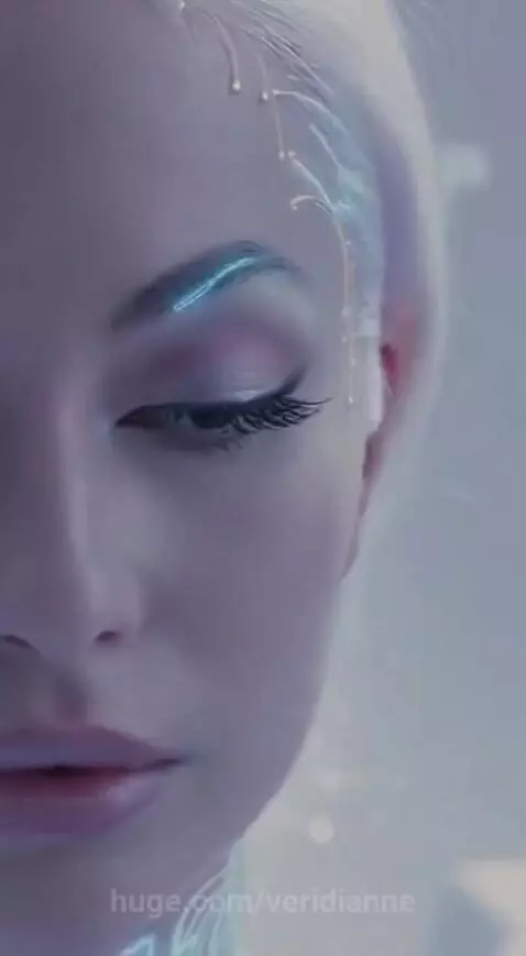 Futuristic android woman with white hair, glowing blue circuitry lines on face and arms, wearing a white dress, in an ethereal setting.