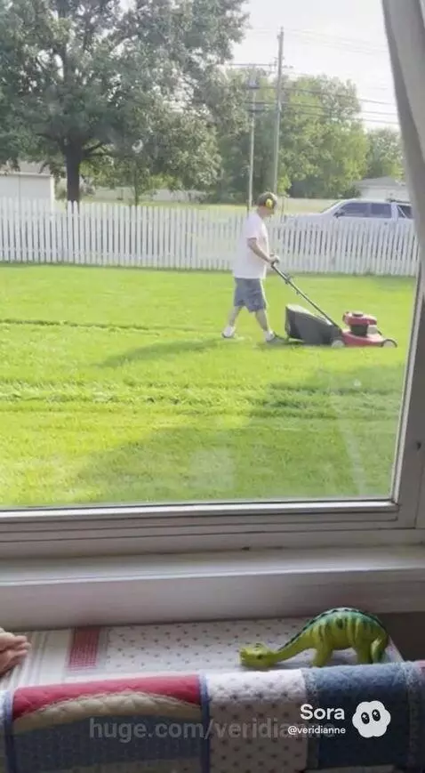 Dad mowing a green lawn in a backyard, viewed through a window with a dinosaur toy on the sill.