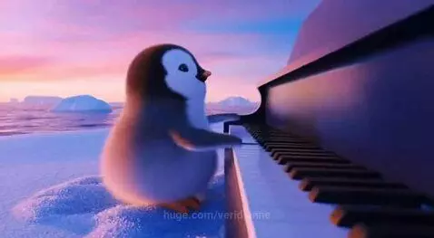 Animated penguin playing a grand piano on a snowy landscape with icebergs, sunset, and aurora borealis.
