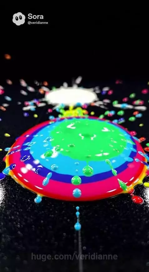 Close-up of colorful paint drops splashing and expanding in slow motion on a black textured surface.