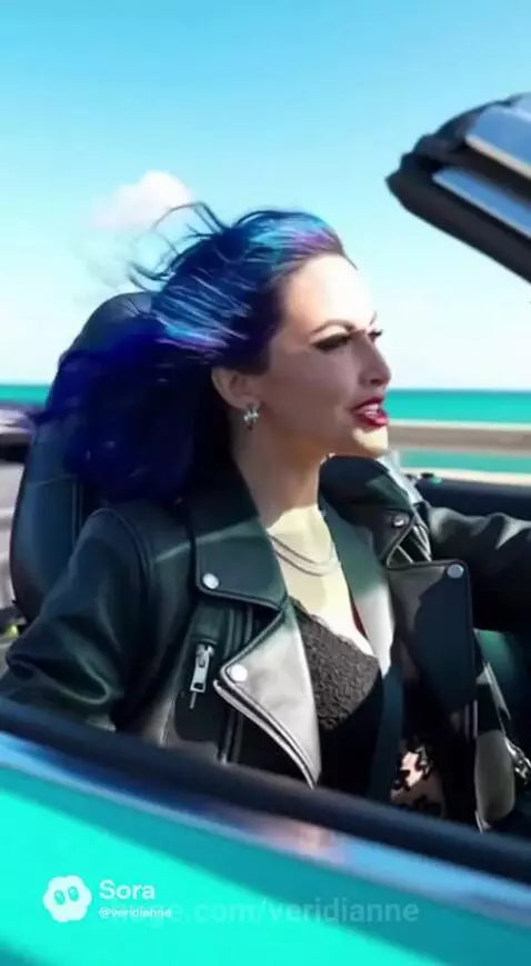 Woman with blue hair driving a teal convertible along a scenic coastal road, smiling with the ocean in the background.